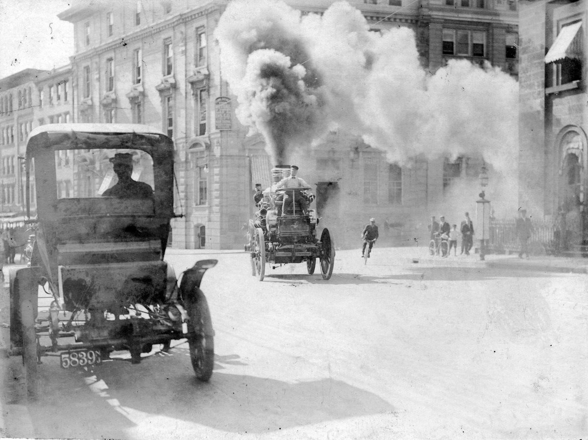 1/2 This is a photo of a Steam propelled 'Amoskeag' fire engine on its way to a fire, at the time this was progress. A pumper of the same type was in service by the Vancouver Fire Department from 24th April 1908 to 1922. It was at No. 1 Station on Gore Ave., then in reserve.