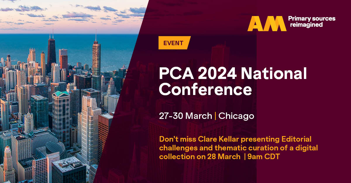 AdamMatthewGrp's tweet image. We&apos;re heading to Chicago later this week for #pcaaca2024 @pcaaca.
Don&apos;t miss Clare Kellar presenting Editorial Challenges and Thematic Curation of a Digital Collection, on Thursday at 9am CDT, which will explore the captivating recent release, 1980s Culture and Society.