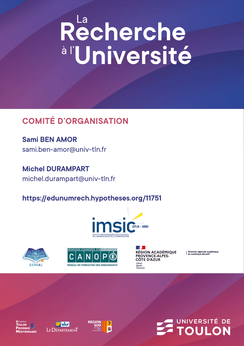 📣Colloque "Dialogue avec l'IA générative : défis pour  l'apprentissage et l'enseignement", le 3 avril 2024 à Toulon, en lien avec le GTnum #GenIAL. 
Au programme :
👨‍🏫des conférences (visio : lstu.fr/imsic) ;
⚒ des retours d'expériences éducatives et des ateliers.