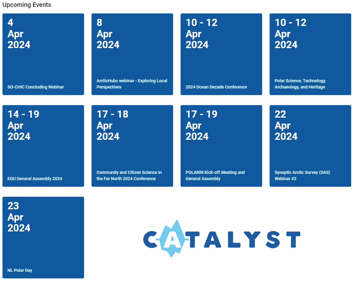 April is going to be a busy month with exciting events! Here are some highlights: 🌊10-12 Apr: 2024 #OceanDecade Conference - bit.ly/3voCaqx ❄️17-19 Apr: POLARIN kick-off - bit.ly/3PByEzU Find these and more events on Catalyst here: polarcatalyst.eu/events