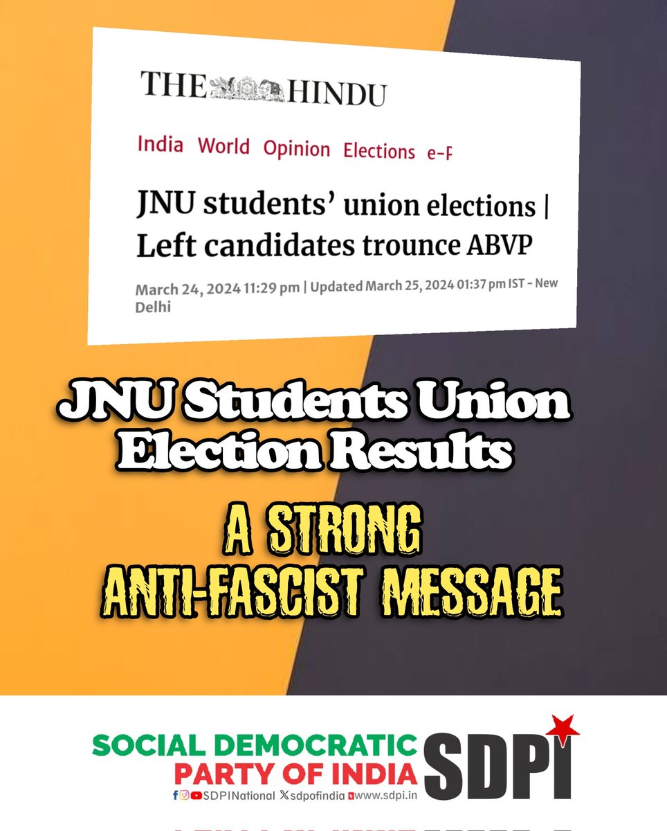 Congratulations 2 anti-fascist students frnt that wiped out rt xtrmist ABVP frm unvrsity union. The election result is an auspicious indicator in present harmingly saffron-super-saturated Indian political milieu. The message's defeat of fascism lies in the unity of anti-fascists