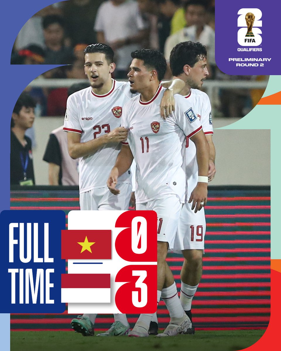 FT | 🇻🇳 Vietnam 0️⃣- 3️⃣ Indonesia 🇮🇩 Tim Garuda net 3 goals and secure 3 massive points to strengthen their second place grip in Group F! #AsianQualifiers