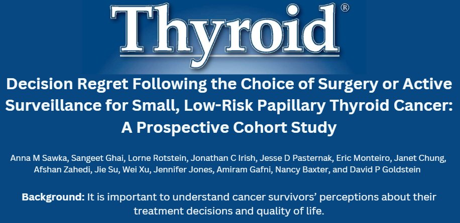Should you watch small low risk thyroid cancers or take them out? Will you regret your decision? Dr. Sawka and her team at @UHN answer this question in a new article @ThyroidJournal. ow.ly/iUcz50R1IlL #thyroidcancer #medtwitter #endotwitter @doctrjp1
