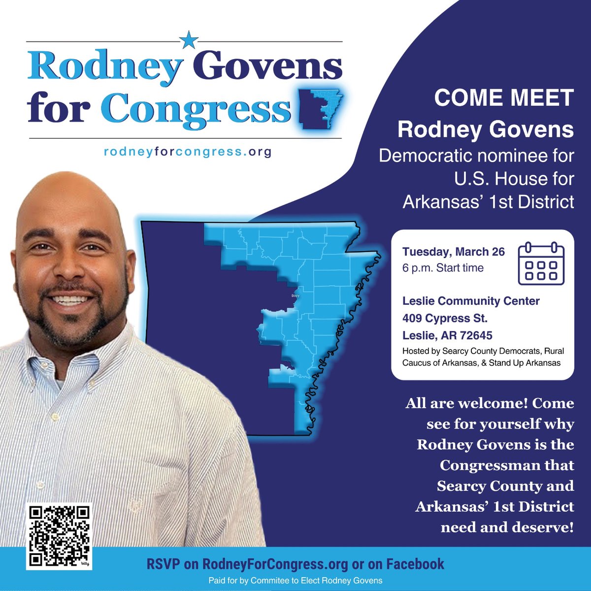 I’m excited to be in Leslie this evening to meet Searcy County voters, answer questions, & share my vision for bringing responsive, accessible, impactful representation Arkansas’ 1st Congressional District! #arkansas #arpx #elections2024 #rodneyforcongress #ridingwithrodney