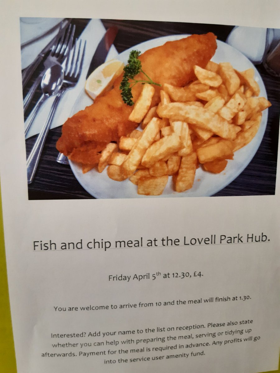 Lovell Park Hub Day Opps will be having a Fish and Chips day on Friday 5th April 3024 at 12.30 pm at £4 per person @LCCDaysOps_MH_