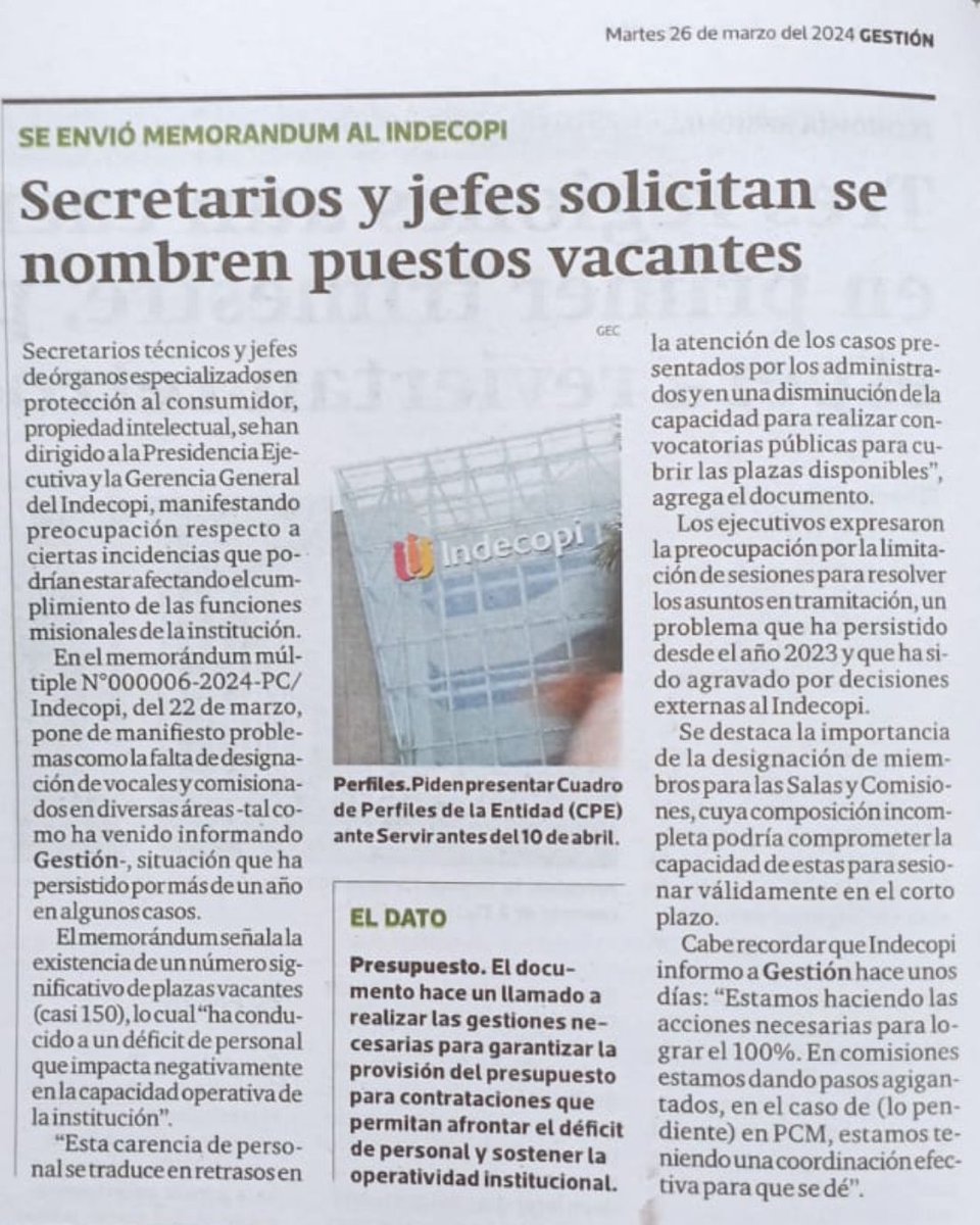 jaime_dupuy's tweet photo. Hace unos días comentamos de la crítica situación que venía padeciendo el @IndecopiOficial por la falta de designación de vocales, comisionados y profesionales de la institución. Esta noticia también fue ampliamente desarrollada por @paolobenza.  

Tal es el sentido de gravedad, que hace unos pocos días, un grupo de secretarios técnicos de salas especializadas del tribunal y de comisiones, jefes de órganos resolutivos y directores han remitido un Memo a la presidente ejecutiva y al gerente general, manifestando su profunda preocupación por que este retraso ponga en riesgo el cumplimiento del rol de la institución. 

Concluyen manifestando que el impacto reputacional podría implicar un riesgo de incumplimiento de los compromisos del país asumidos en el marco del proceso de adhesión a la @ocdeenespanol. Sin perjuicio de que, como advertimos anteriormente, la paralización de las labores de la segunda instancia podría generar una vulneración de los compromisos asumidos en los capítulos de competencia de tratados de libre comercio. 1/2