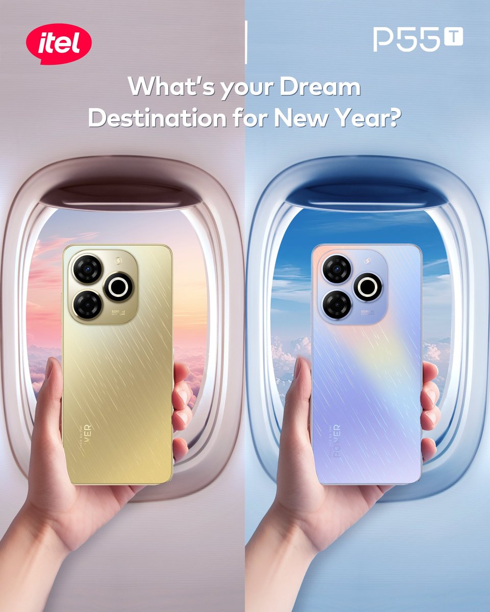 iteluganda's tweet photo. 2024 dream destination with #itelP55 Brilliant Gold🌅💛 or Aurora Blue🌈🩵?
#itelP55FastChargeGameOn
#itelP55series https://t.co/TvH4Vfb3CK