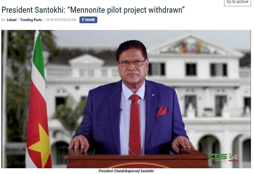 Suriname President Santokhi: “Mennonite pilot project withdrawn” Hopefully this marks official good news of averted massive deforestation due to Mennonites running out of land in Bolivia and targeting Suriname for next wave of large-scale plantations sun.sr/Details/30128_…