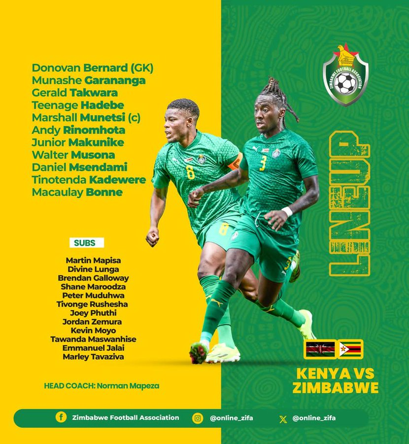 🇿🇼𝗦𝗧𝗔𝗥𝗧𝗜𝗡𝗚 𝗫𝗜 📋

🟢Just one change from the team that beat Zambia - Junior Makunike comes in for Jordan Zemura. 

#GetThePicture #Zimbabwe #ZTNPrime #DStv294  #bayawabaya