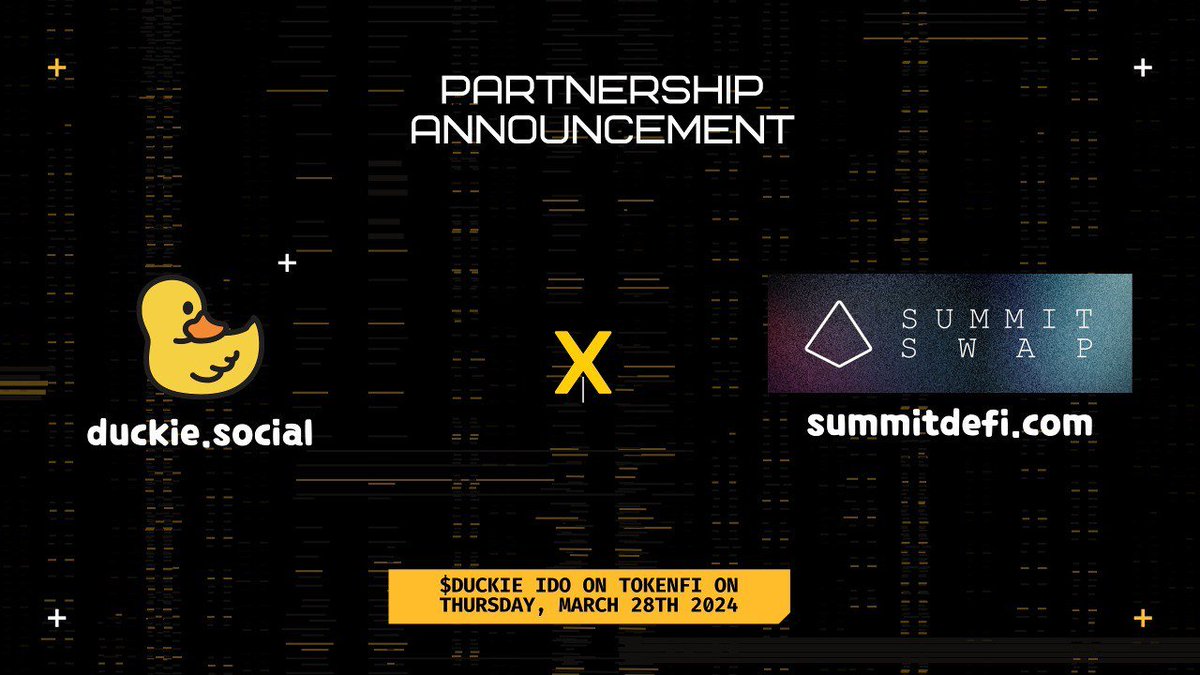 We are happy to announce partnership with @duckiethetoken!

To celebrate it, you will be able earn double Summit Points by trading $DUCKIE on SummitSwap and on top of it you can win rewards!

- Follow @summitdefi and @duckiethetoken
- Like and RT this tweet

After doing these