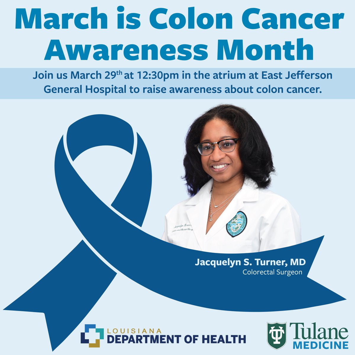 Join us THIS FRIDAY, March 29th, at 12:30pm to raise awareness about Colon Cancer. Dr. Jacquelyn S. Turner, colorectal surgeon, will answer some questions and explain ways to help prevent colon cancer! This event is FREE and open to the public! #coloncancerawarenessmonth