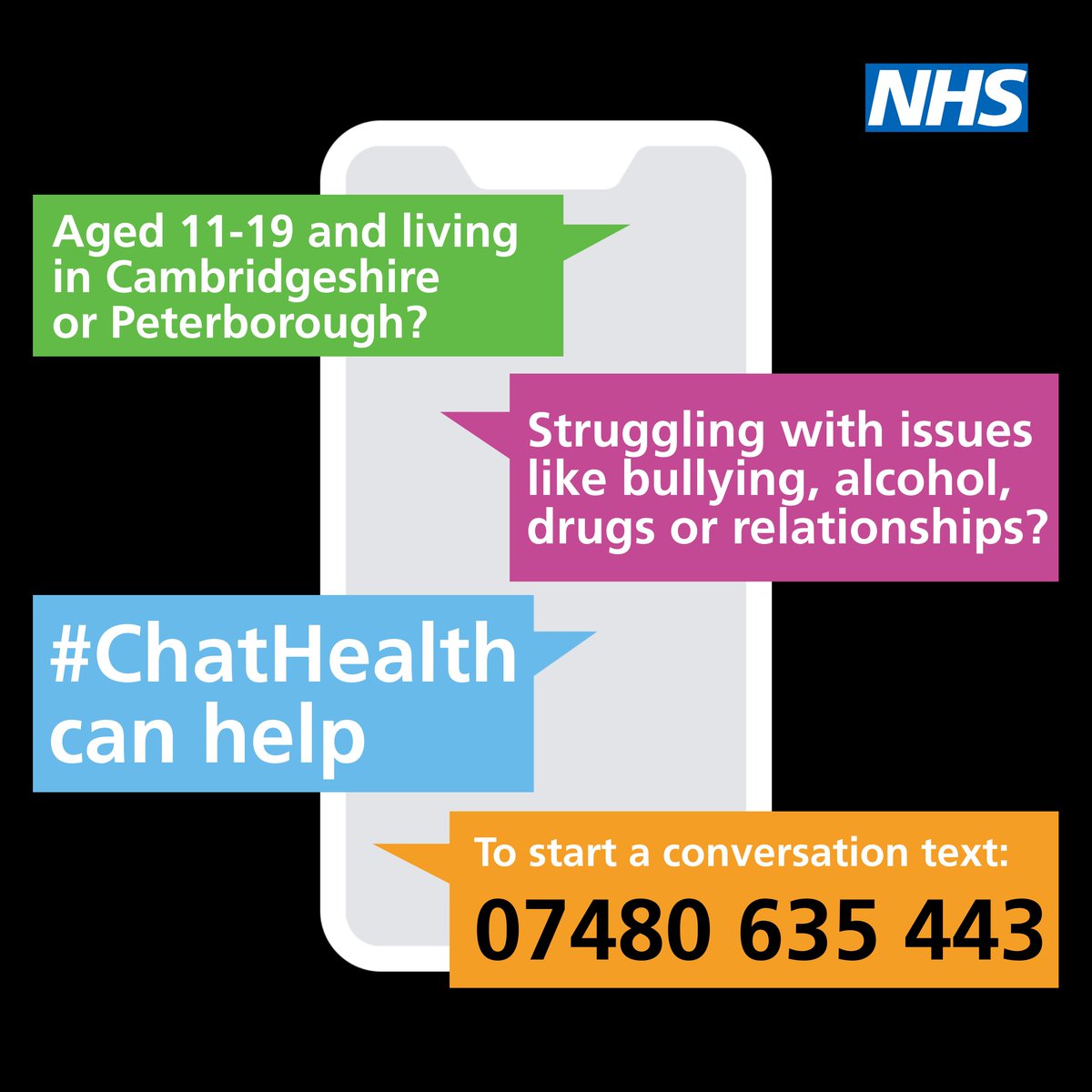 Professionals please share with your young people aged 11 to 19, living in #Cambridgeshire and #Peterborough👋

If they are struggling with issues like bullying, alcohol, drugs or relationships then #ChatHealth can help!

To start a conversation they can text 07480 635 443 📱💬