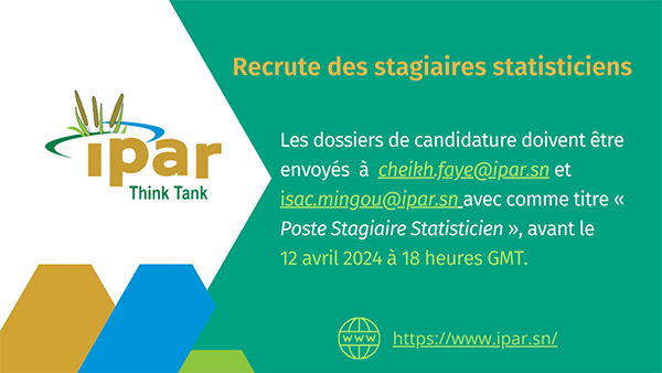 @IPAR_ThinkTank recherche des stagiaires en #statistique. Envoyez votre candidature avant le 12 avril 2024 à 18 heures GMT. #jobopportunity #emploi #job #recrutement ipar.sn/Recrutement-de…