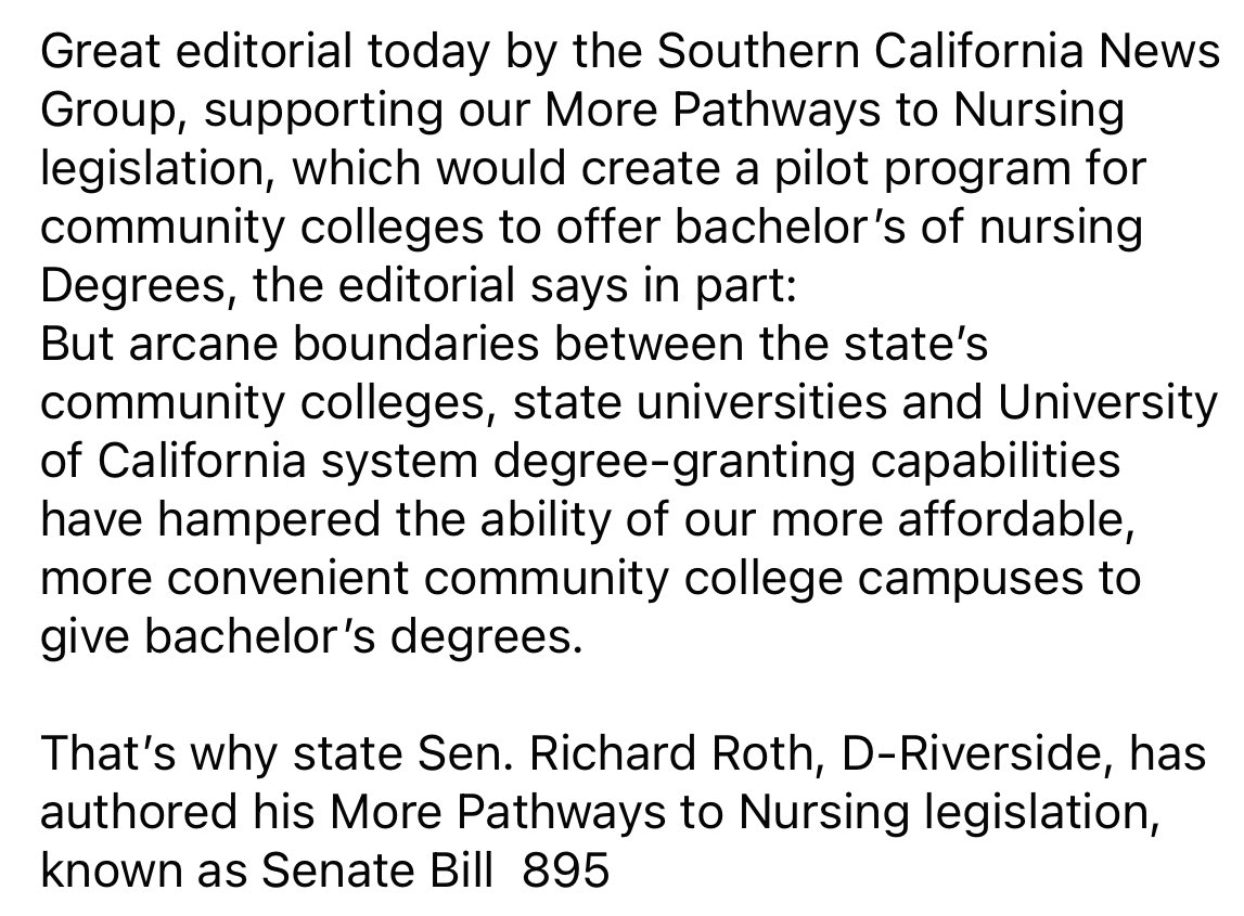 Great editorial today by the Southern California News Group, supporting our More Pathways to Nursing legislation, which would create a pilot program for community colleges to offer bachelor’s of nursing Degrees.