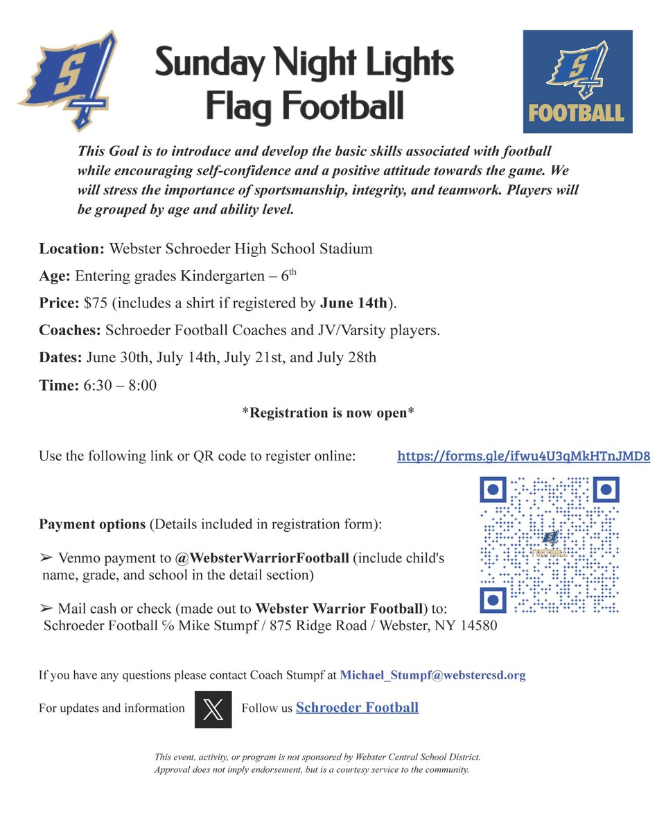 📢The Original Sunday Night Lights Flag 🏈is back again‼️ ANY and ALL students entering K-6th next school year‼️ Parents get them ready for K-2 Flag and Advanced Flag seasons by registering online‼️ @SpryMSWarriors @KlemSouth @PlankNorthPride @StateRdWCSD #WeAreWarr1ors 💙💛⚔️🏈