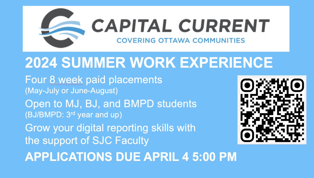 The journalism program @JSchool_CU is once again offering four paid summer reporting positions at our flagship news publication, @CapitalCurrent. The deadline for applications is April 4. Find out more at carleton.ca/sjc/2024/globa…