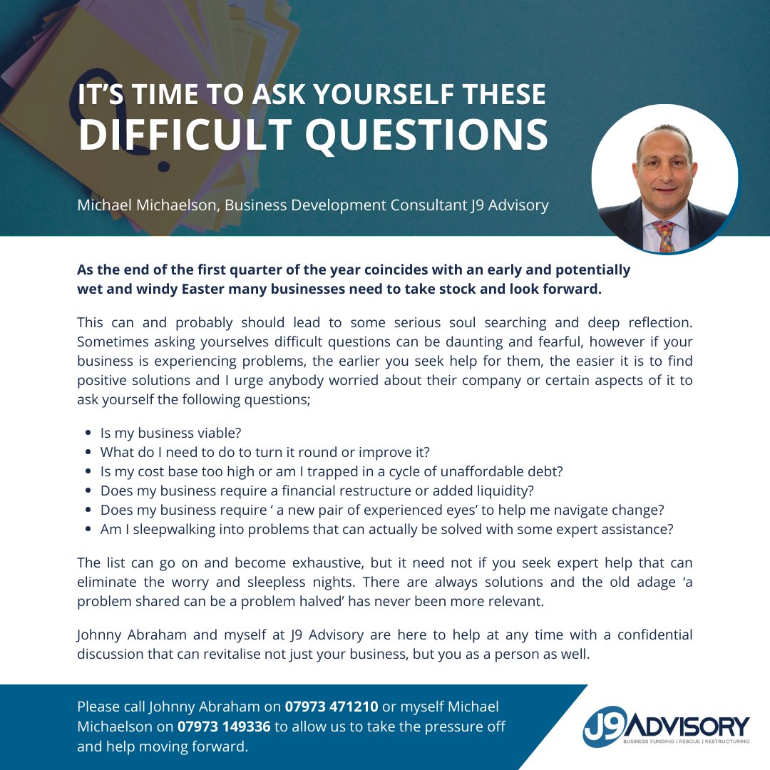 Sometimes asking yourselves difficult questions can be daunting, however if your business is experiencing problems, the earlier you seek help for them, the easier it is to find positive solutions.

Read more ➡️ j9advisory.com/post/it-s-time… 

#BusinessAdvisory #BusinessRestructuring