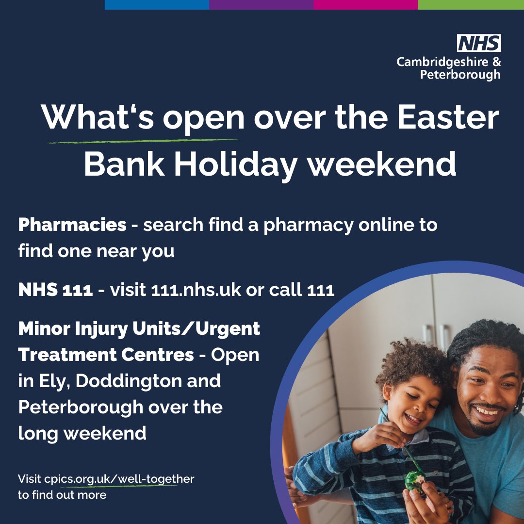 It's nearly the #EasterBankHoliday weekend! And hopefully you won't need it... but just in case you do, here's what #NHS services are open locally over the weekend. Visit the @CambsPboroICS website to find out more: cpics.org.uk/well-together #Cambridgeshire #NHS111 #Easter2024