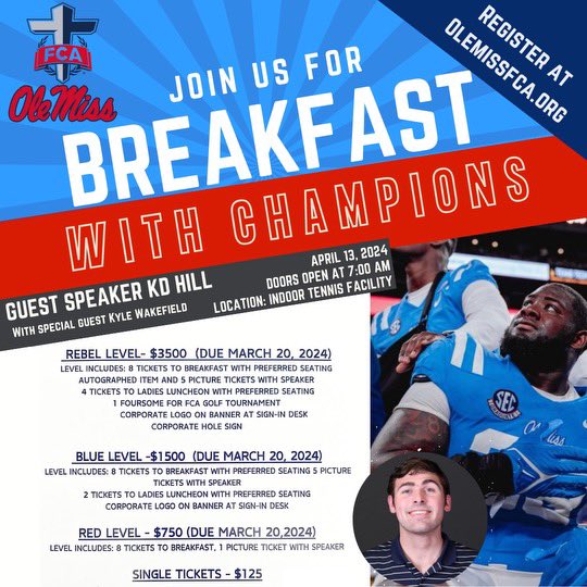 Still looking for your seat?!! We have tables left to sponsor! Needing to get 5 sponsored today! Great opportunity to hear great testimonies, with great fellowship, supporting a great ministry! @OleMissFCA @jaredfarlow2 @gillom_peggie @OleMissSports @Grindkd_55 @kyle_wakefield5