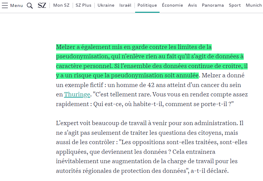 gchampeau's tweet photo. Au moment où le Conseil d'Etat valide l'envoi de nos données de santé à Microsoft au motif qu'elles sont pseudonymisées, le responsable de la CNIL de Thuringe prévient dans le Süddentsche Zeitung que les données de santé pseudonymisées peuvent être réidentifiées. https://t.co/kBhP6D02N4