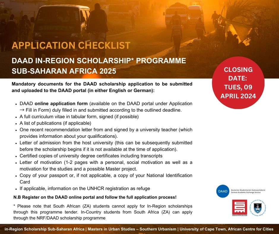 APPLY NOW | 2 WEEKS UNTIL APPLICATIONS CLOSE Calling on all urbanists in Sub-Saharan Africa who wish to study for a Masters in Urban Studies (Southern Urbanism) at UCT. 2 weeks to go until applications for the DAAD In-Region scholarship close. More info: tinyurl.com/mrx5y63k