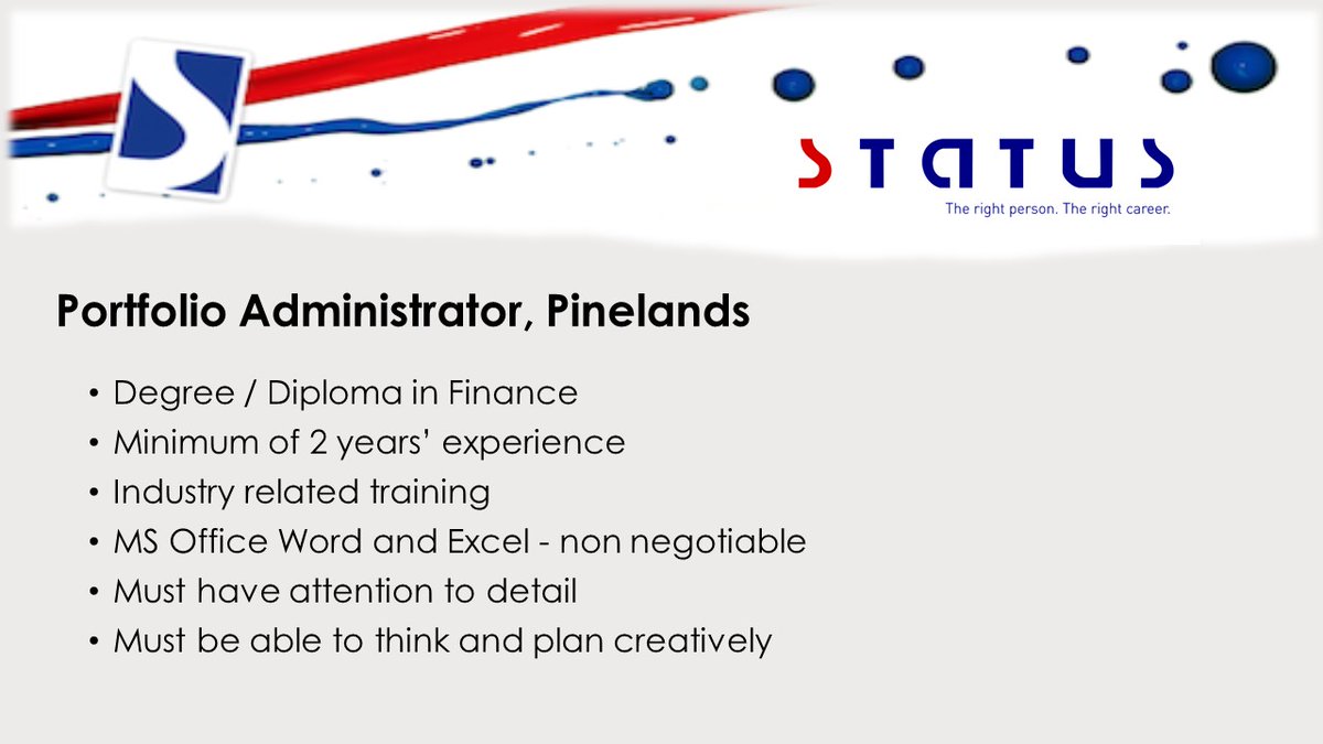 StatusStaffing's tweet photo. Portfolio Administrator with a degree / diploma in finance and 2 years experience https://t.co/A4mKZEQqdm #statusstaffing #portfolio #administrator #finance #FICA https://t.co/3cfxtONXMq
