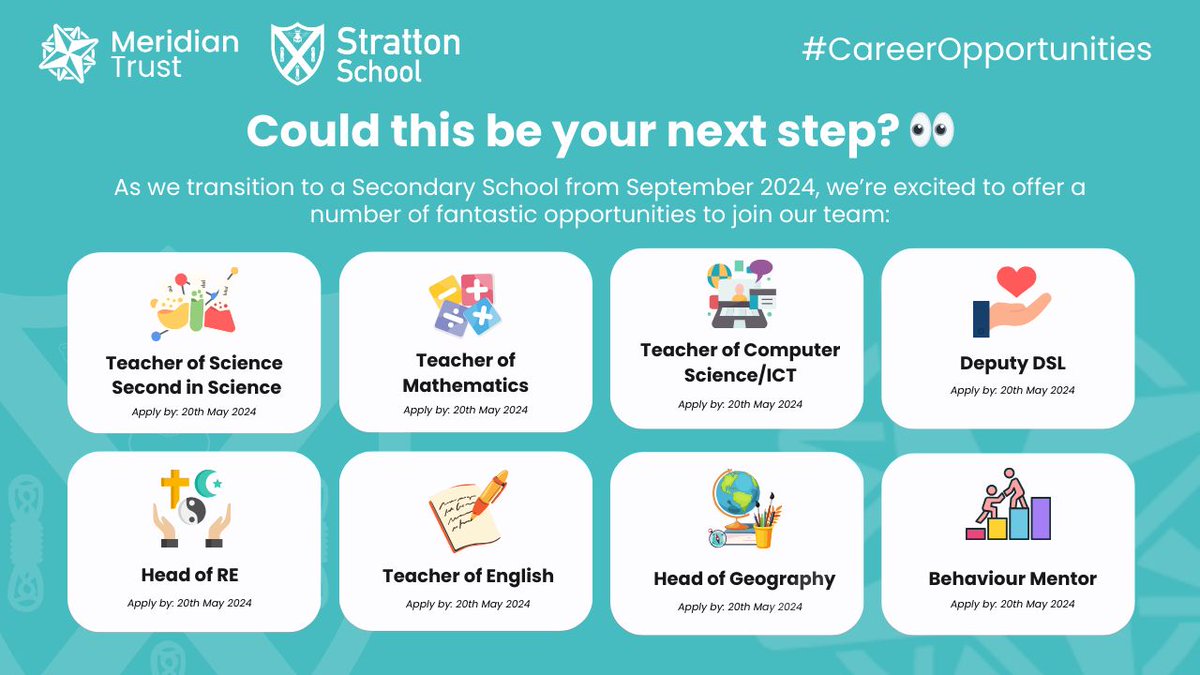 We're proud to launch a wide range of exciting opportunities to join the team at @StrattonUpper 🎉 This is your opportunity to take part in the school's journey as it becomes a 11-18 secondary school from September 2024. Apply by 20th May 2024 👇 buff.ly/3vulqOx