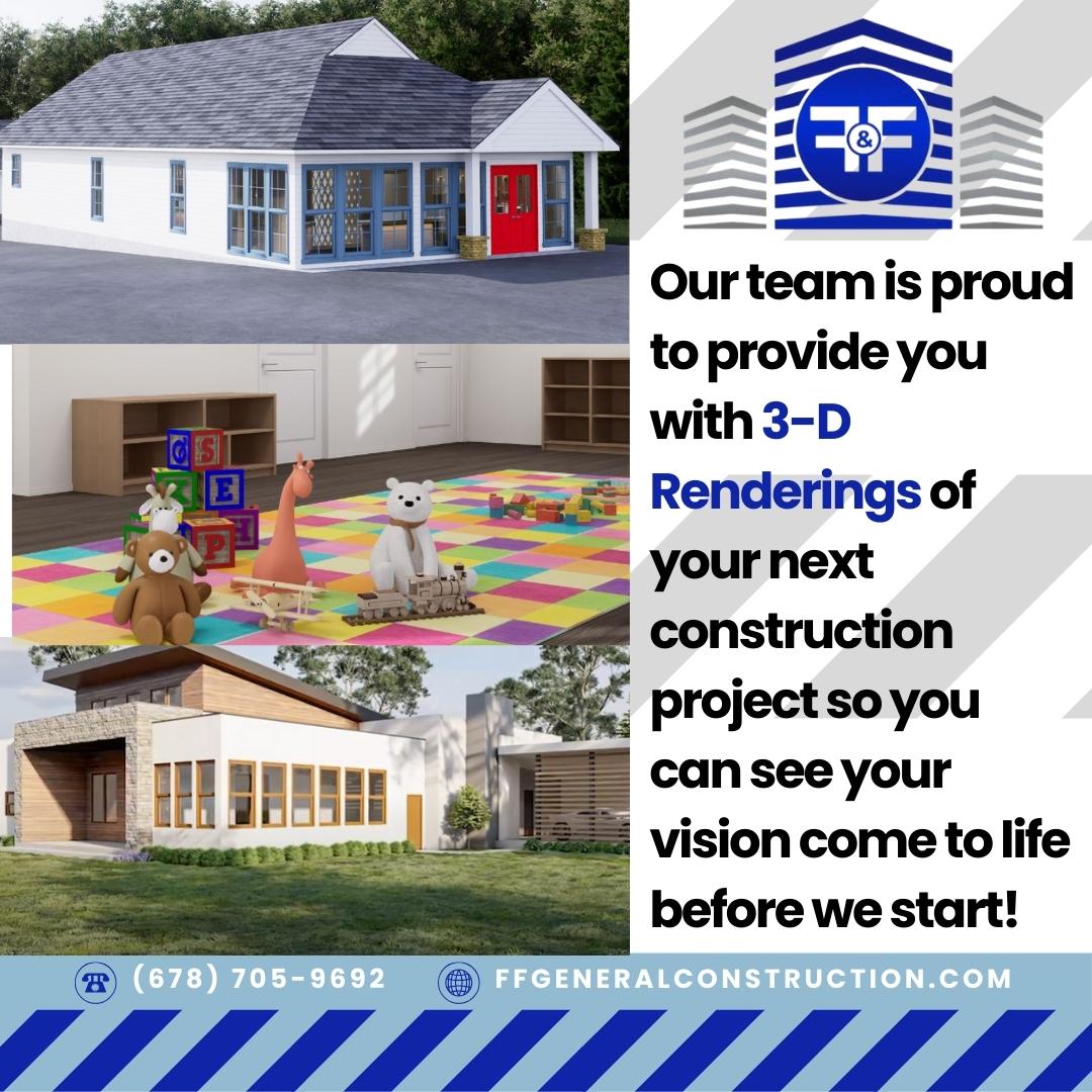 Proud to utilize 3D renderings in our construction projects to bring visions to life!  🏗️ 👍

ffgeneralconstruction.com/what-we-do
.
.
.
#FFGeneralConstruction #AtlantaConstruction #WomenInConstruction #ConstructionTechnology #3DRenderings #FemaleOwnedBusiness
