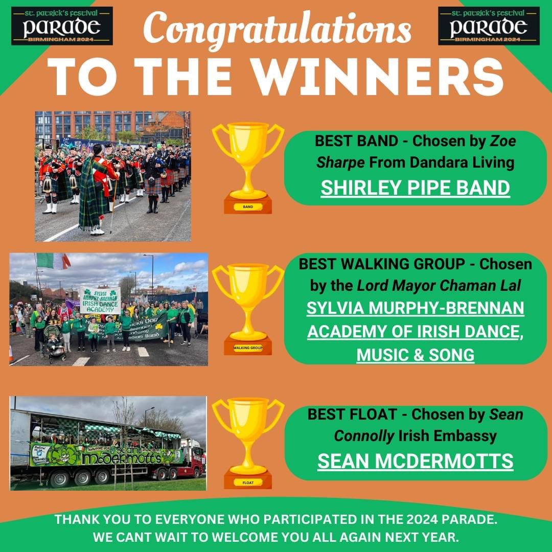 THE 2024 WINNERS 🏆 BEST BAND - SHIRLEY PIPE BAND 👏 💚 BEST WALKING GROUP - SYLVIA MURPHY-BRENNAN ACADEMY OF IRISH DANCE, MUSIC & SONG 👏💚 BEST FLOAT - Sean McDermotts 👏💚 Thank you to everyone who participated this year we cant wait to welcome you all again in 2025!!! ☘