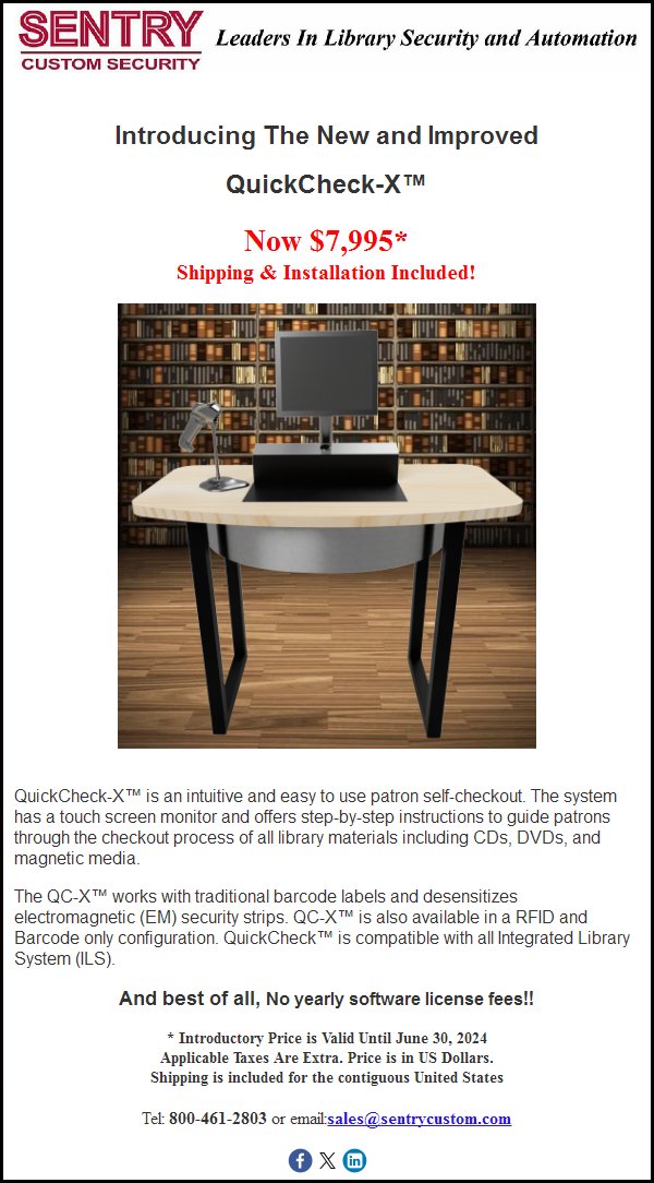 SentryCustom's tweet photo. Introductory Price For Sentry's QuickCheck-X™. It's an intuitive and easy to use patron self-checkout. The system has a touch screen monitor and offers step-by-step instructions. #Sentry #SentryCustomSecurity #QuickCheckX #QCX #NoYearlyFees https://t.co/vKyYOE5Jxr https://t.co/LTc861WMcO