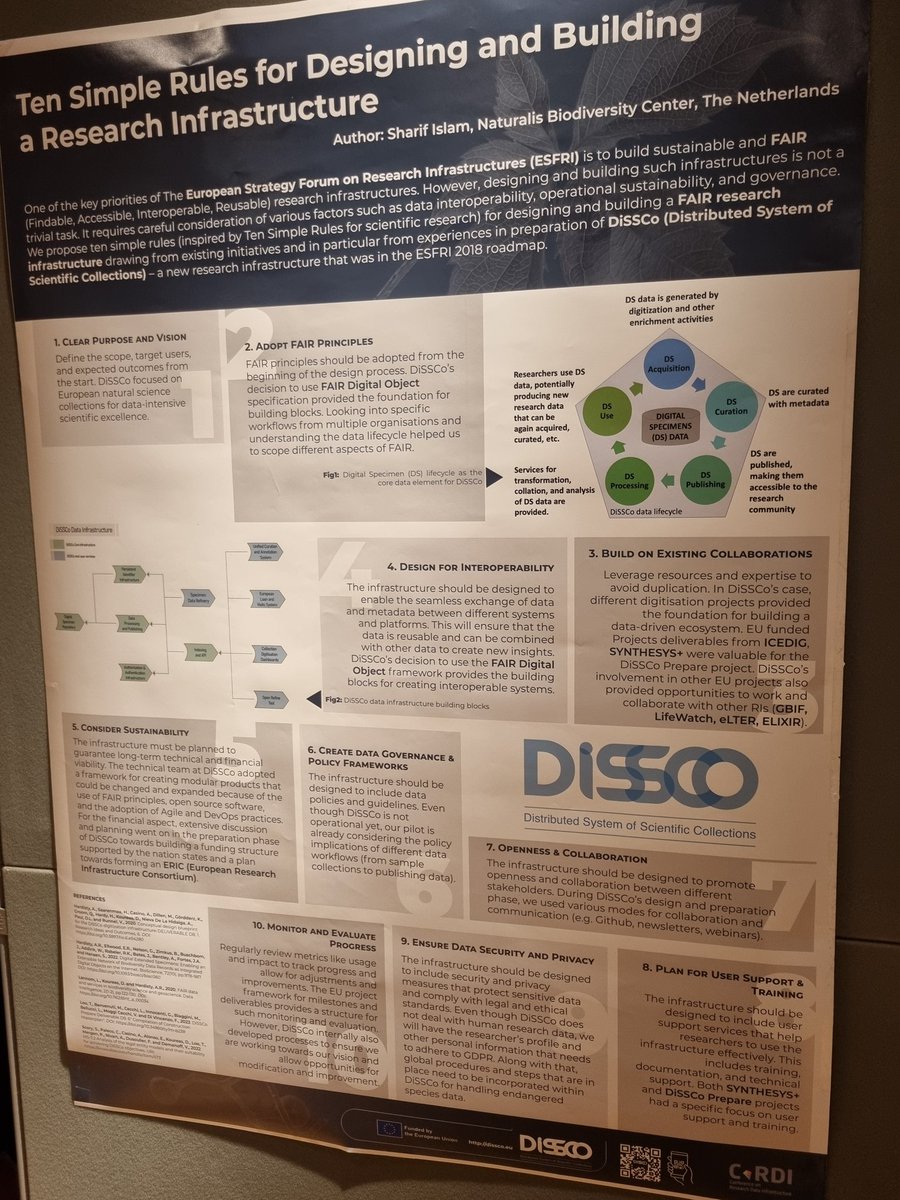 + more useful resources from the @DiSSCoEU team at this week's @EmpBioResearch conference at @Naturalis_Sci: the '10 Simple Rules for Designing and Building a #Research #Infrastructure' poster by @gnu111: #EBR2024 #biodiversity