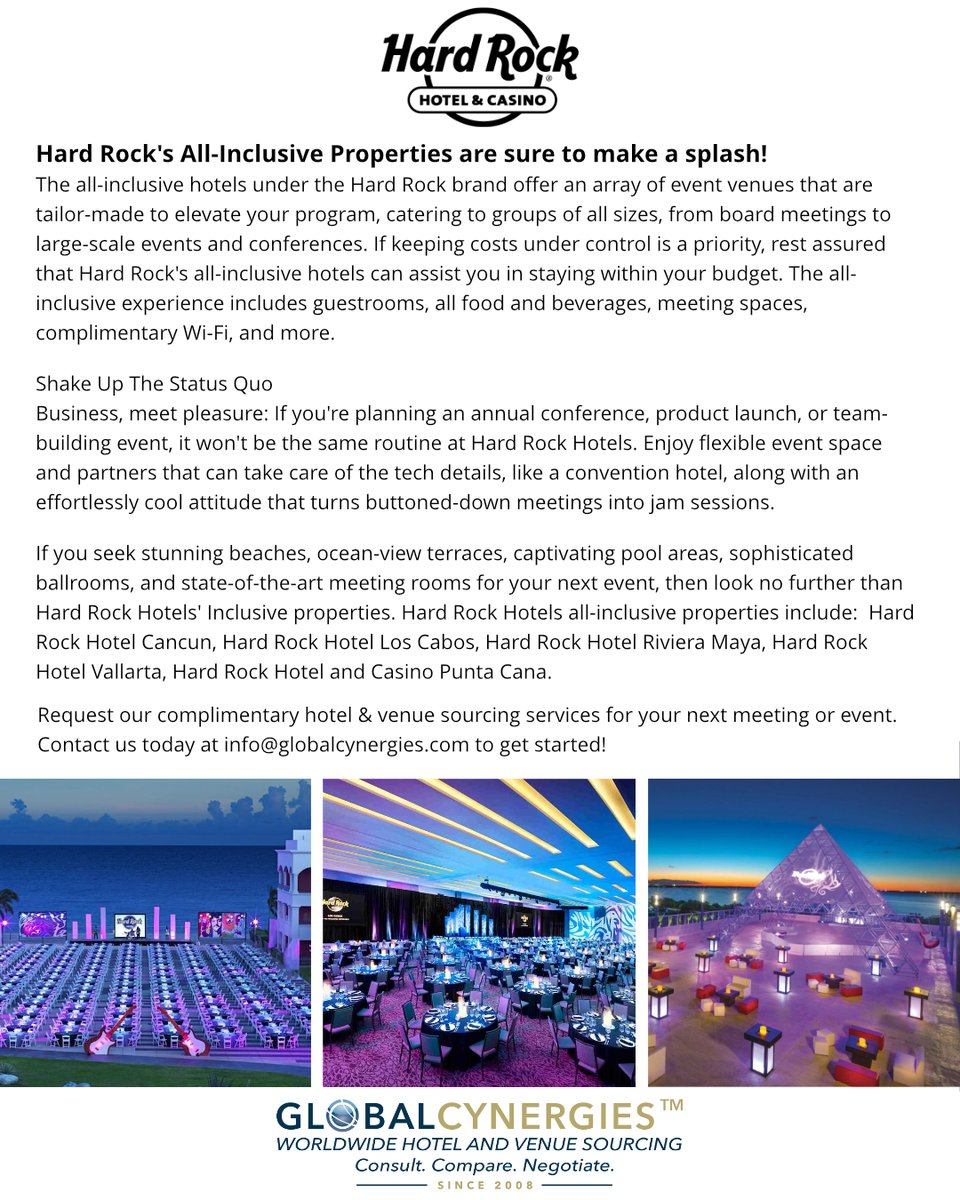 GlobalCynergies's tweet image. Request our complimentary hotel &amp;amp; venue sourcing services for your next meeting or event. Contact us today at info@globalcynergies.com to get started!  @HardRockHotels #GCPreferredPartner #TryGlobalCynergies #venuesourcing #corporateevents #eventlocations