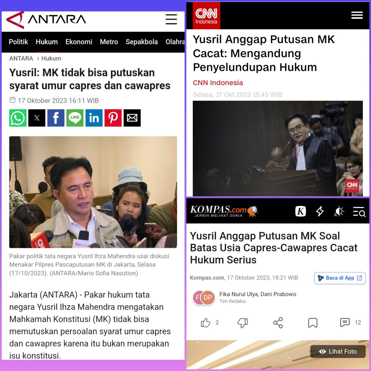 Ketua tim hukum 02 @Yusrilihza_Mhd menyebut, gugatan kubu Ganjar dan Anies bak melawan MK sendiri lantaran berkaitan dgn putusan MK yg mengubah syarat pencalonan. Kalo begitu boleh ga sy menyebut, Prof Yusril membela 02 bak melawan dirinya sendiri. Bgmn adil ga? @officialMKRI