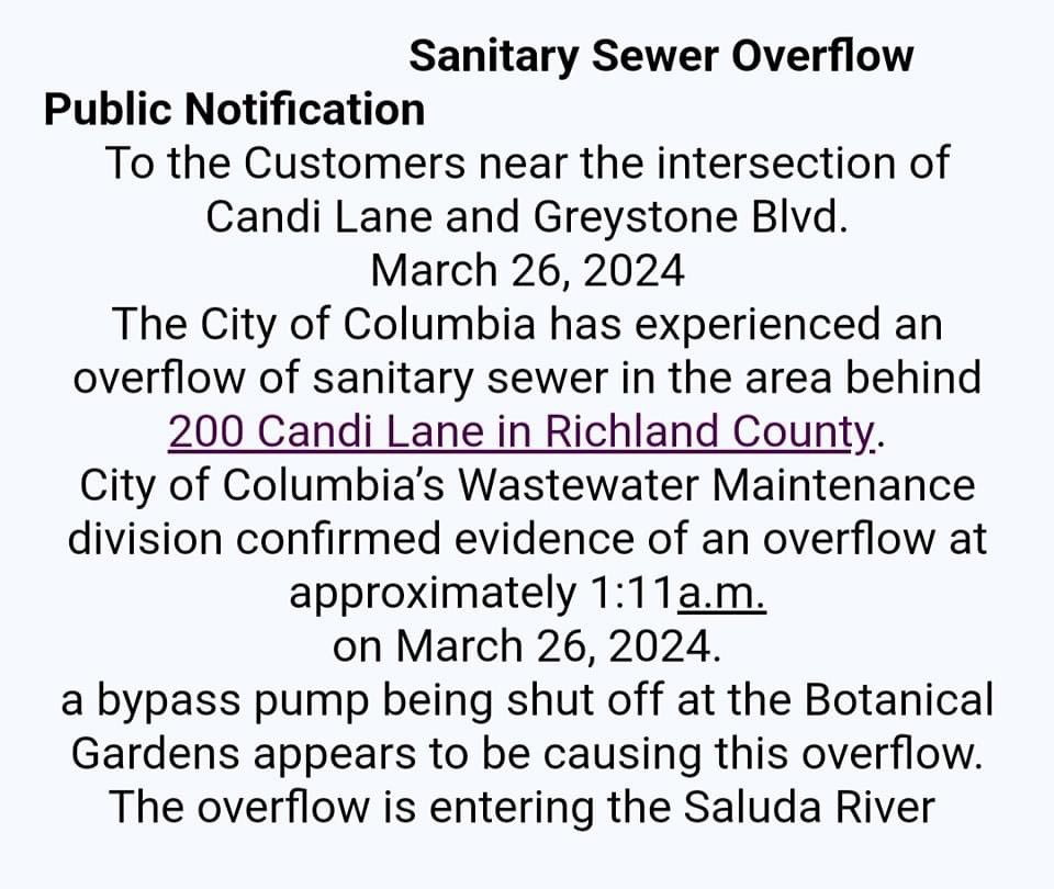 ⚠️ Sewer Spill Alert ⚠️ The City of Columbia is reporting a sewer overflow impacting the Lower Saluda River near the Saluda Riverwalk.