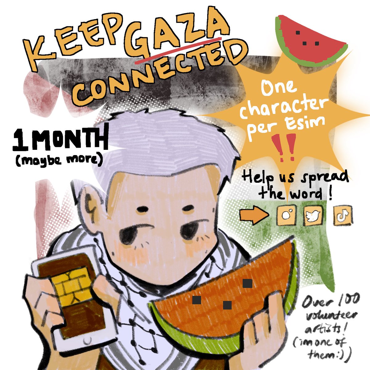 taqoou's tweet photo. HELLO FRIENDS!!! im one of the volunteer artists part of this project! for every E-Sim donated, you get 1 character request.
If you are not in a position to donate, please share this around!
Check out the steps below to get started⬇️
#FreePalestine #CeasefireNOW #EsimsForGaza https://t.co/MtmEe5dEoo