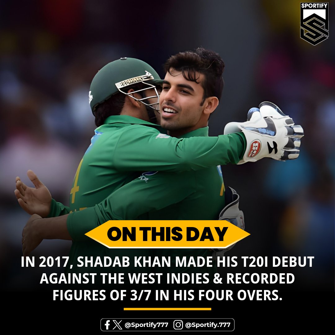 📆 #OnThisDay in 2017, Shadab Khan made his T20I Debut against the West Indies and registered figures of 4-0-7-3 and became the 2nd Man to receive the Player of the match award on T20I Debut for Pakistan 🇵🇰💥🏏

#Sportify #SportsNews #WIvsPAK #T20Cricket