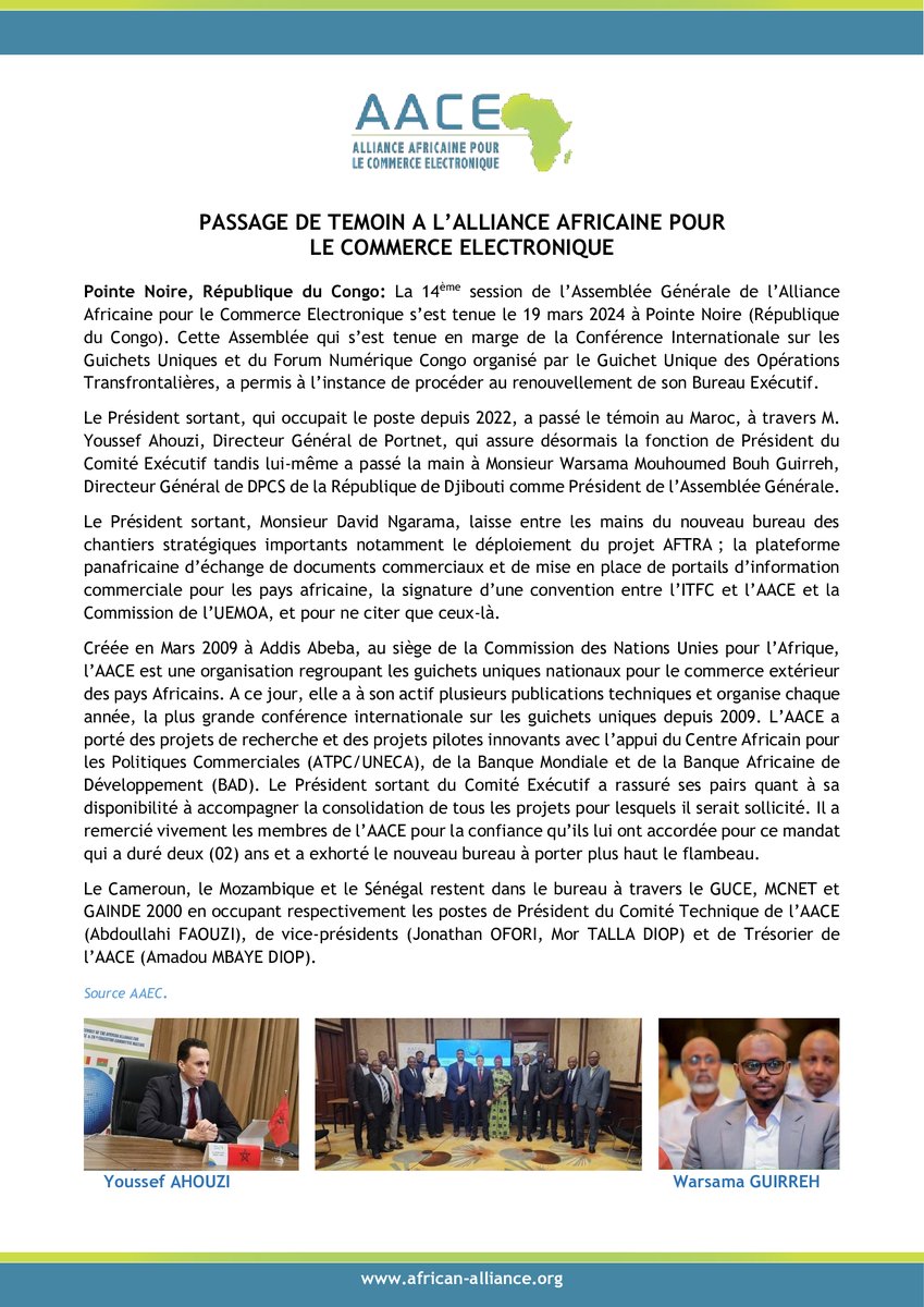 African Alliance for e-commerce (@africanallianc4) on Twitter photo #communiqué
Passage de témoin à l'Alliance Africaine pour le Commerce Electronique.
<a href="/PORTNETSA/">PORTNET S.A.</a> <a href="/AhouziYoussef/">Youssef AHOUZI</a> <a href="/DPCS_Djibouti/">Djibouti Port Community Systems</a> <a href="/CEO_KenTrade/">David Ngarama</a> <a href="/KenTrade_G2B/">KenTrade</a> <a href="/GuotCongo/">GUOT CONGO</a> <a href="/GuceCameroon/">Guce cameroon</a> <a href="/faouzabdul/">Abdoullahi FAOUZI</a> <a href="/mtddiop/">MorTalla Diop</a> <a href="/GAINDE2000/">GAINDE 2000</a> <a href="/gainde5/">Amadou Mbaye DIOP</a> <a href="/nourdiagne/">ibrahima Nour Eddine</a> #communiqué
Passage de témoin à l'Alliance Africaine pour le Commerce Electronique.
<a href="/PORTNETSA/">PORTNET S.A.</a> <a href="/AhouziYoussef/">Youssef AHOUZI</a> <a href="/DPCS_Djibouti/">Djibouti Port Community Systems</a> <a href="/CEO_KenTrade/">David Ngarama</a> <a href="/KenTrade_G2B/">KenTrade</a> <a href="/GuotCongo/">GUOT CONGO</a> <a href="/GuceCameroon/">Guce cameroon</a> <a href="/faouzabdul/">Abdoullahi FAOUZI</a> <a href="/mtddiop/">MorTalla Diop</a> <a href="/GAINDE2000/">GAINDE 2000</a> <a href="/gainde5/">Amadou Mbaye DIOP</a> <a href="/nourdiagne/">ibrahima Nour Eddine</a>