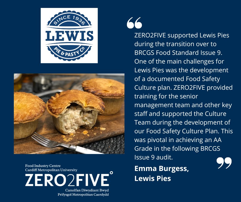 We helped @lewispies to secure an AA Grade in their recent BRCGS Issue 9 audit. Find out more about the funded food safety certification support we can offer to Welsh companies: cardiffmet.ac.uk/health/zero2fi…