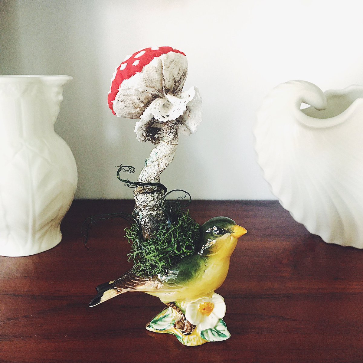 Hitching a ride on a Beswick Greenfinch! #handmade #fungisculpture #vintageBeswick