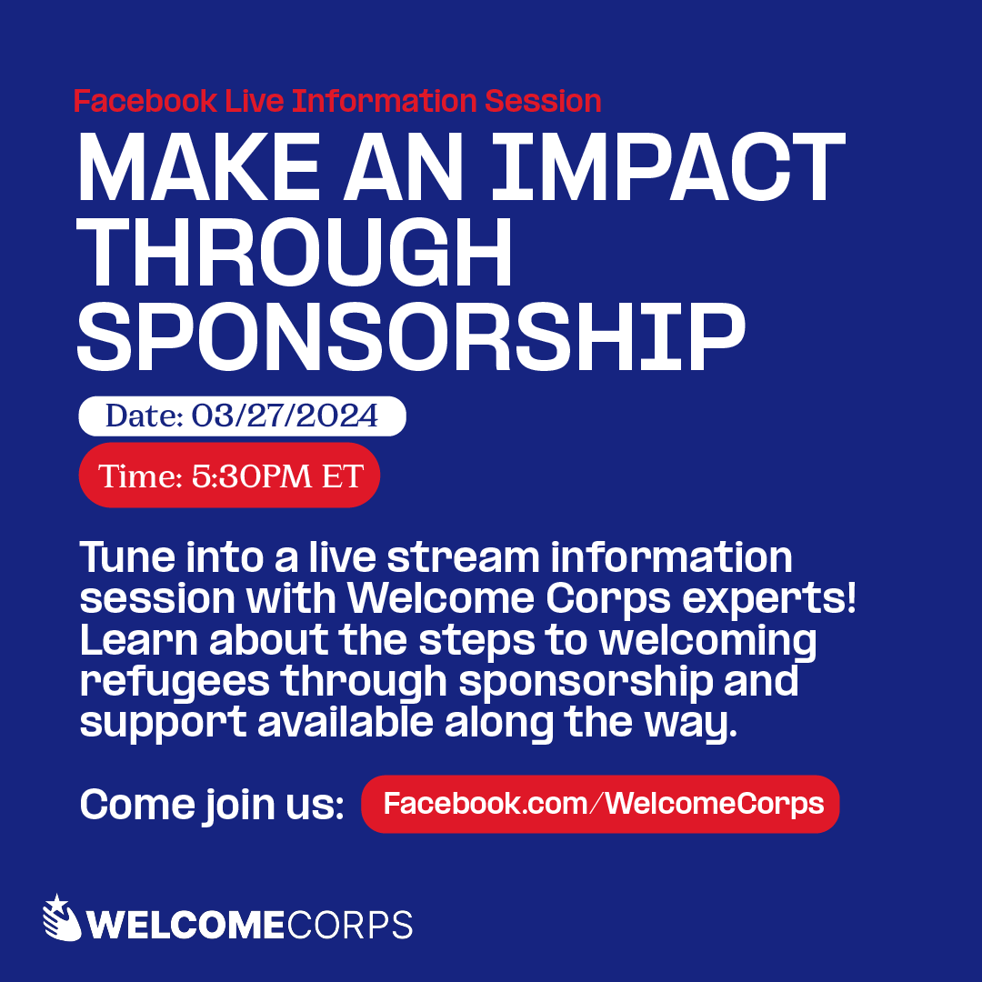 Join us this Wednesday on Facebook Live to learn about private sponsorship during a live stream info session with experts from the Welcome Corps. Tune in at Facebook.com/WelcomeCorps.