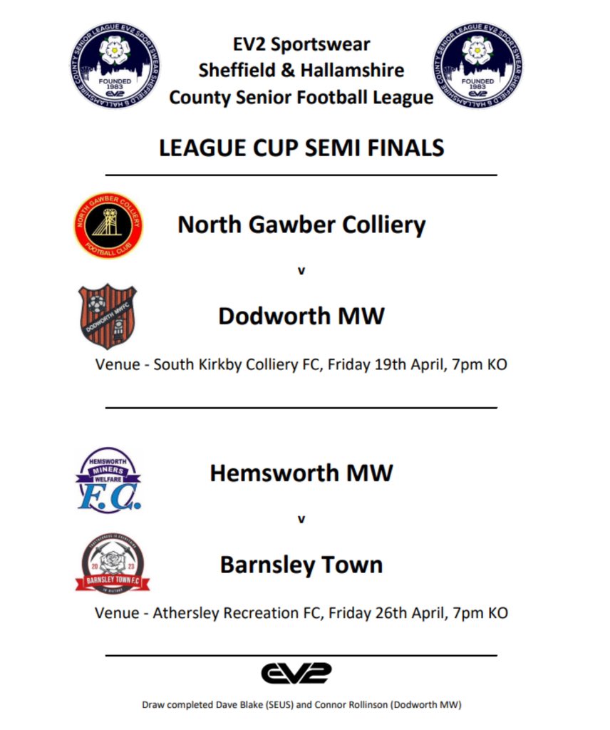 LEAGUE CUP SEMI FINAL DRAW 2024 @NorthGawberColl 🆚 @DMWFC (🏟️- @colliery_fc) @HemsworthMWFC 🆚 @BarnsleyTownFC (🏟️ - @AthersleyRecFC) #RoadToRotherham🏟️⚽️🏆