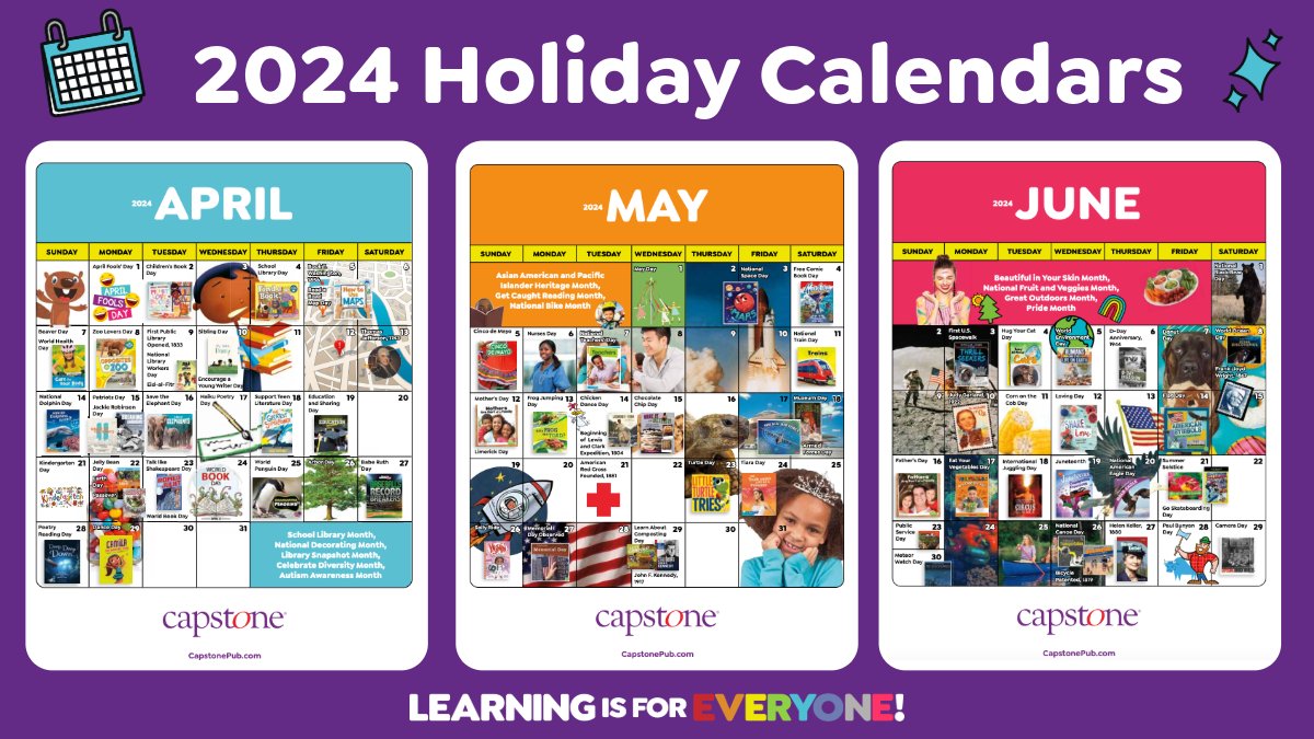 I'm always excited to share the @CapstonePub Holiday Calendars! There's so much to celebrate & learn about all year long 🗓️✨

Downloadable calendars 👉 bit.ly/41BxitT

#LearningIsForEveryone #EducatorResources #MakingLearningFun #SchoolLibraryMonth