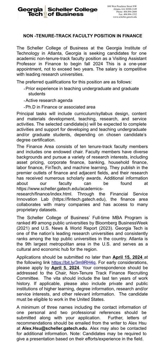 <a href="/GATechScheller/">Georgia Tech Scheller College of Business</a> finance area is looking to hire a visiting assistant professor.  This is a non-tenure track position with one-year appointment and maximum duration of two years.  Please circulate or use the link below to apply!

careers.hprod.onehcm.usg.edu/psc/careers/CA…