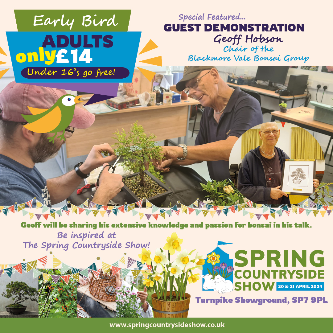 🌿🌸 Gardeners Alert! Join us at the Spring Countryside Show, Turnpike Showground, SP7 9PL, on April 20-21. Enjoy Geoff Hobson's bonsai talk from The Blackmore Vale Bonsai Group! 🌳✂️ Explore gardening workshops, live demos & more. Tickets: tinyurl.com/mrv4f56u