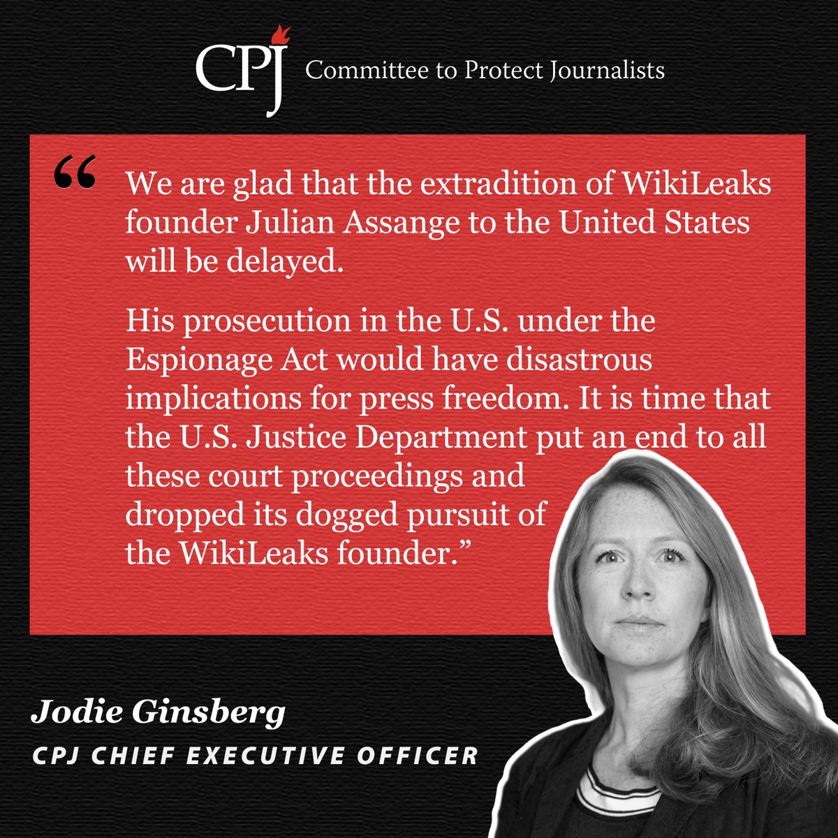 CPJ welcomes UK High Court’s delay on #JulianAssange extradition, calls on US to drop charges “We are glad that the extradition of WikiLeaks founder Julian Assange to the United States will be delayed,” said CPJ CEO @jodieginsberg. “His prosecution in the U.S. under the…