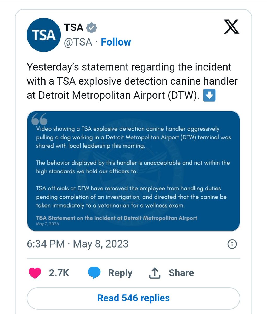 <a href="/PicturesFoIder/">non aesthetic things</a> TSA denounced the handler's conduct in a statement shared on Twitter. The agency also confirmed that the officer was removed from handling duties while an investigation into the incident is underway, and said the K-9 would "be taken immediately to a veterinarian