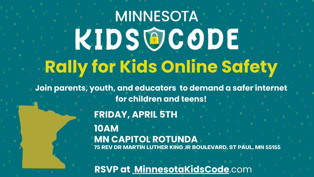 Make a stand for kids' online safety! Join us on Friday, April 5th, at the State Capitol in St. Paul to rally for the Minnesota Kids Code. It's time to protect our kids' futures! #MNKidsCode #MNLeg #DayofAction actionnetwork.org/events/day-of-…