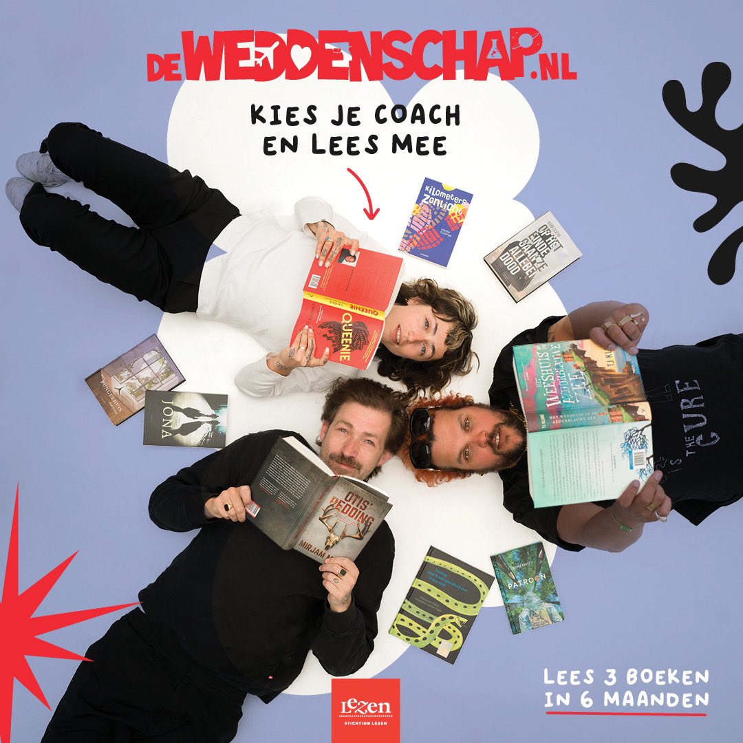 Lezen over De Weddenschap kan op deweddenschap.nl Maak een account aan en doe elk jaar mee. Lezen doen we daar, thuis, op school in de trein en in de bieb (en minder hier) Minder afleiding, minder social media, meer leesplezier. @stichtinglezen