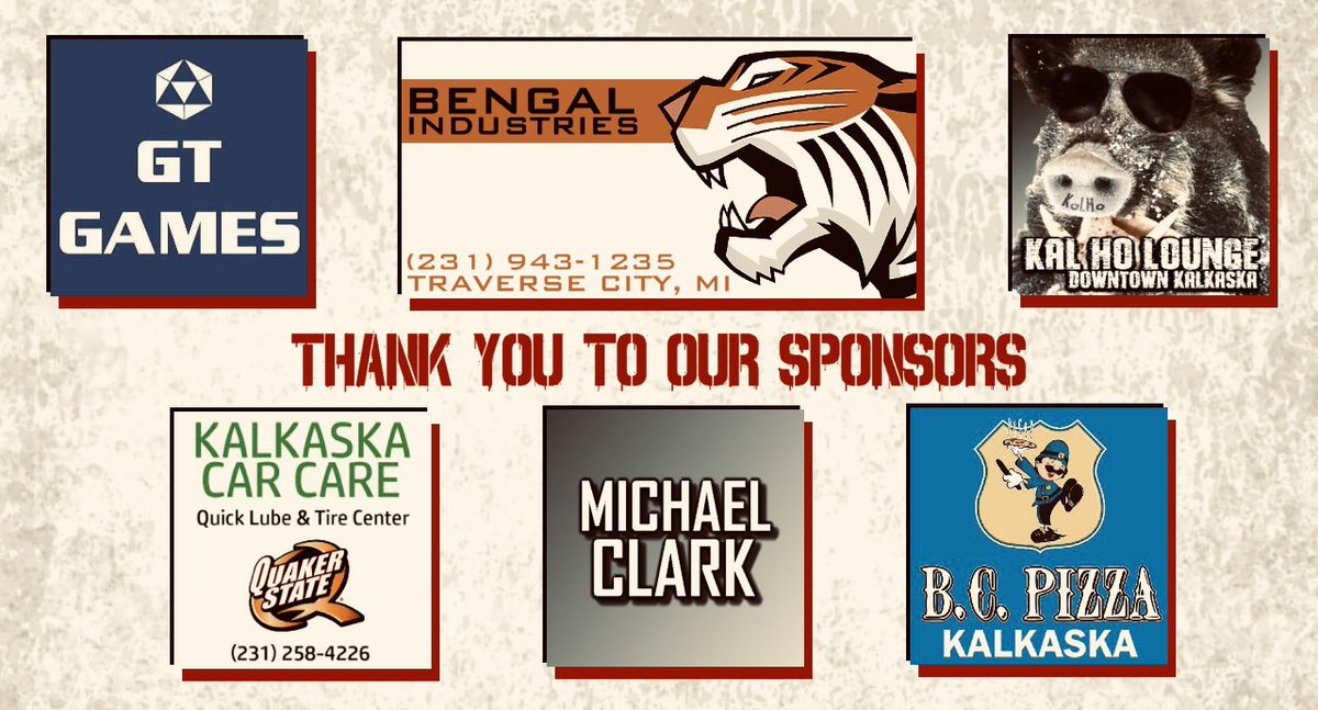 ‼️ THANK YOU SPONSORS ‼️ As always, a huge shout out is in order for our sponsors for this Saturday’s “ARMED FOR BATTLE” at the Kaliseum in Kalkaska, MI -Bengal Industries -Grand Traverse Games -The Kal-Ho Lounge -Kalkaska Car Care -BC Pizza of Kalkaska -Michael Clark