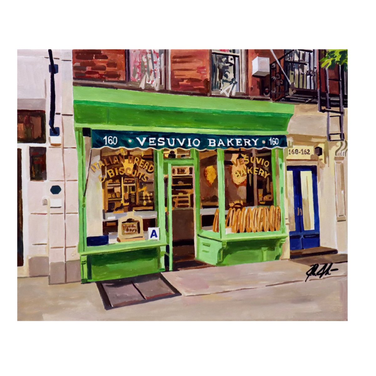 New painting- “Vesuvio Bakery- Prince & Thompson” 18.5” x 22.5” acrylic on canvas painting. It’s available. @vesuviobakerynyc #nyc #greenwichvillage #art #artgallery #painting #soho #bakery #vesuviobakery #italianbakery